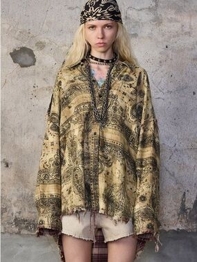 R13 SHREDDED SEAM DROP NECK SHIRT Khaki Bandana Black Overprint